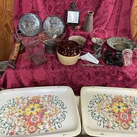 Group shot showing tray tables, bean pot and collectibles