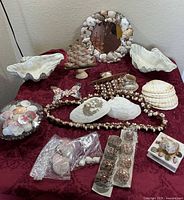 Overall view of all shell décor items on table