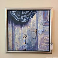 Full view of framed Sara Jane mixed-media artwork showing door motif, keyhole and dragonfly