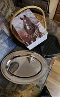 Group shot showing platter, basket, horse gift box and two tins