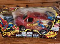 Front of boxed Spider-Man Adventure Van showing product name and graphics
