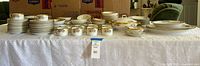 Full layout of approximately 100-piece Bavaria/PSAG Germany china set on table