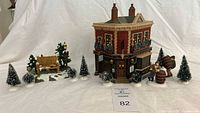 Group shot showing pub, park bench scene, Ale Mates figures, loose barrel and eight trees