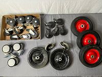 Group shot of all wheels, tires, castors and pulleys
