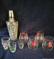 All items together including mosaic cocktail shaker, four 7UP glasses, three shot glasses