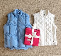 Blue puffer vest, white quilted vest, red pajama set bundle