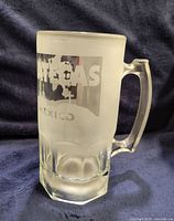 front view of frosted glass beer mug showing etched Zacatecas Mexico design