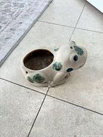 Left side view of beige/green ceramic frog planter, shows opening and drainage holes