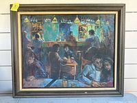 Front view of framed painting showing bar scene and frame style