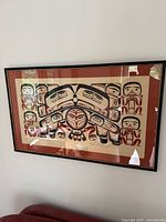 Overall view of framed Indigenous print hanging on wall