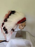 Profile view showing full headdress on stand, feather arrangement and crown band