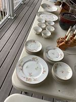 Overall view of Limoges china set on table showing plates, bowls, cups, platter