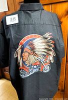 Back of shirt showing Indian chief and motorcycle graphic