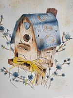 Close view of entire framed print showing birdhouse illustration and surrounding floral details