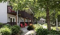 Exterior of Bonnie View Inn with landscaped grounds and seating