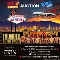 Promotional graphic showing Las Vegas getaway details, provider name, dates, and package contents