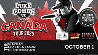 Promotional graphic with Luke Combs UK Canada Tour 2025, venue, date, and partner logos