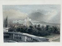 Overall view of framed etching showing full image and frame