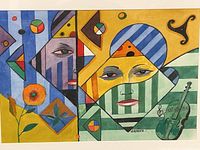 Full view of painting showing abstract geometric faces and violin motif