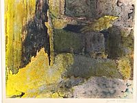 Close view of artwork showing abstract textures and colors