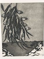 Close view of etching showing butterflies and foliage