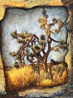 Full view of the mixed media Joshua Tree painting showing textured border and central image
