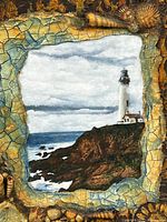 Front view of mixed media lighthouse artwork showing full image and textured shell border