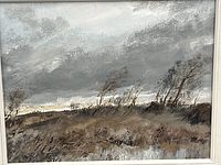 Close view of the landscape painting showing sky, trees and brushwork