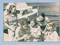Close-up of women scientists in faded photo