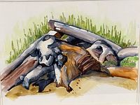 Close-up of watercolor showing driftwood subject matter