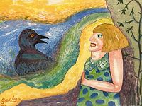 Close view of painting showing woman and bird scene