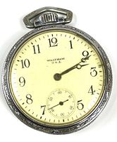 Front view of pocket watch showing dial and hands