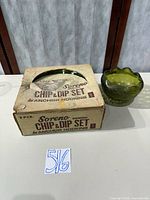 Boxed Soreno chip & dip set and separate green glass candy dish on table