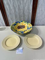 Overview of two Mikasa plates and painted serving bowl