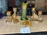 Group shot showing both Floragold candlesticks, green swung vase, and glass flower
