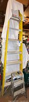 Tall yellow Davidson fiberglass stepladder with small aluminum step stool beneath