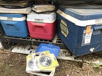 Overview of two blue and one red cooler on shelf with packaged blades in front