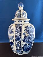Full view of Delft blue-and-white temple jar with lid