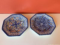 Two octagonal hand-painted plates front view