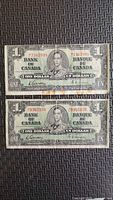 Front of both 1937 $1 bills showing King George VI, serial numbers, wear
