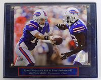 Front view showing photo of Ryan Fitzpatrick handing off to Fred Jackson, caption strip, NFL hologram, and wood plaque