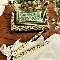 Desk organizer and two matching pens showing inlay and miniature painting