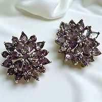 front view of both earrings showing amethyst cluster design