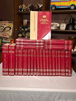 Front view of entire red World Book set stacked on table