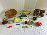 Full lot layout: basket, platter with corn, loose ceramic produce, boxed napkin rings