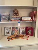 Full lot on shelves showing plush lion, book stacks, featured titles