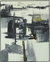 Front view of unsigned abstract painting showing grey, black, white and yellow brushstrokes within thin black frame