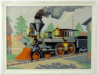 Front view of framed oil painting showing full locomotive scene