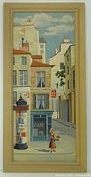 Full view of framed vertical oil painting showing Paris street scene
