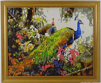 Front view of framed peacock painting